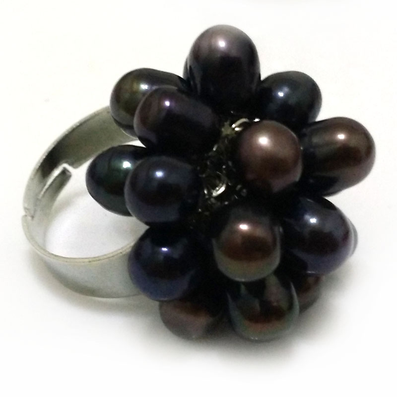 8# 6-7mm AAA Black Natural Rice Pearl Women Cluster Ring