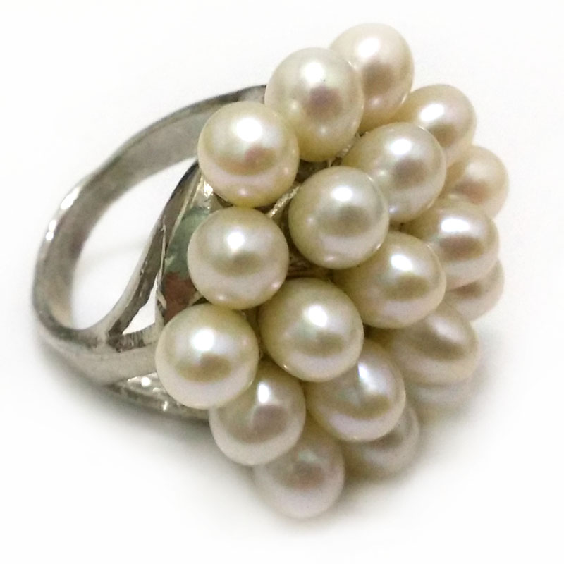 8# 6-7mm AAA Natural White Rice Pearl Women Cluster Ring
