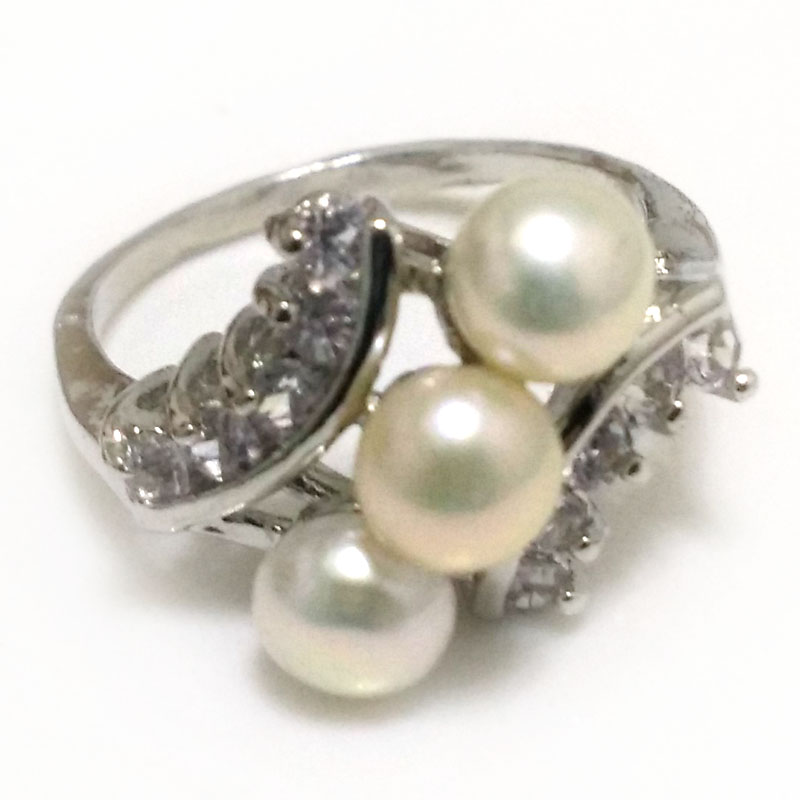 7# 6-7mm Natural White Button Pearl Women Ring with Zirconia