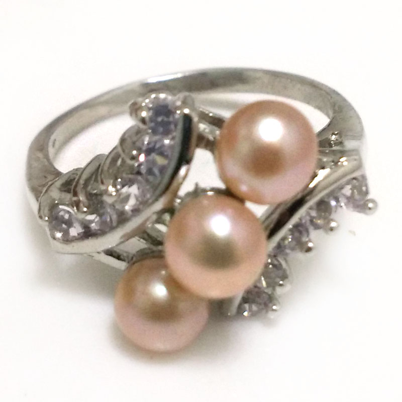 6-7mm Natural Pink Button Pearl Women Ring with Zirconia