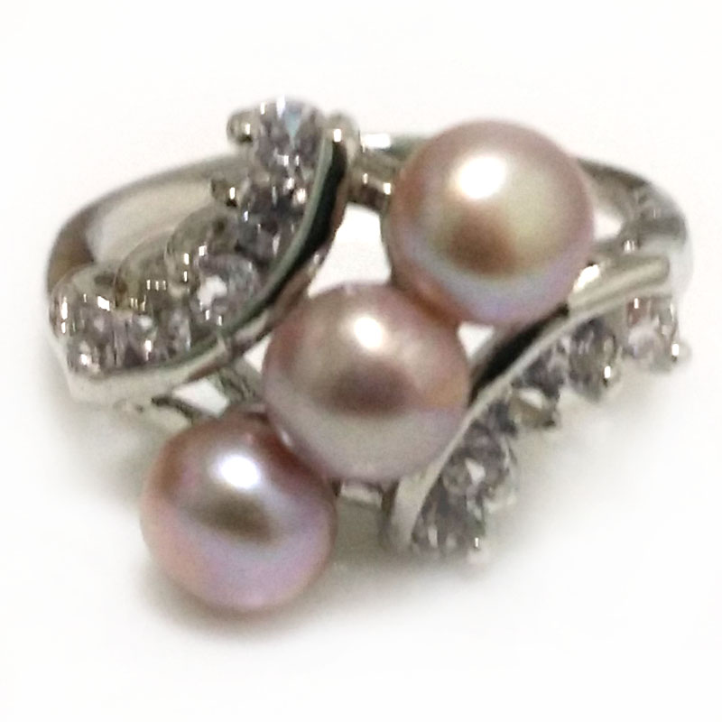 6-7mm Natural Lavender Button Pearl Women Ring with Zirconia