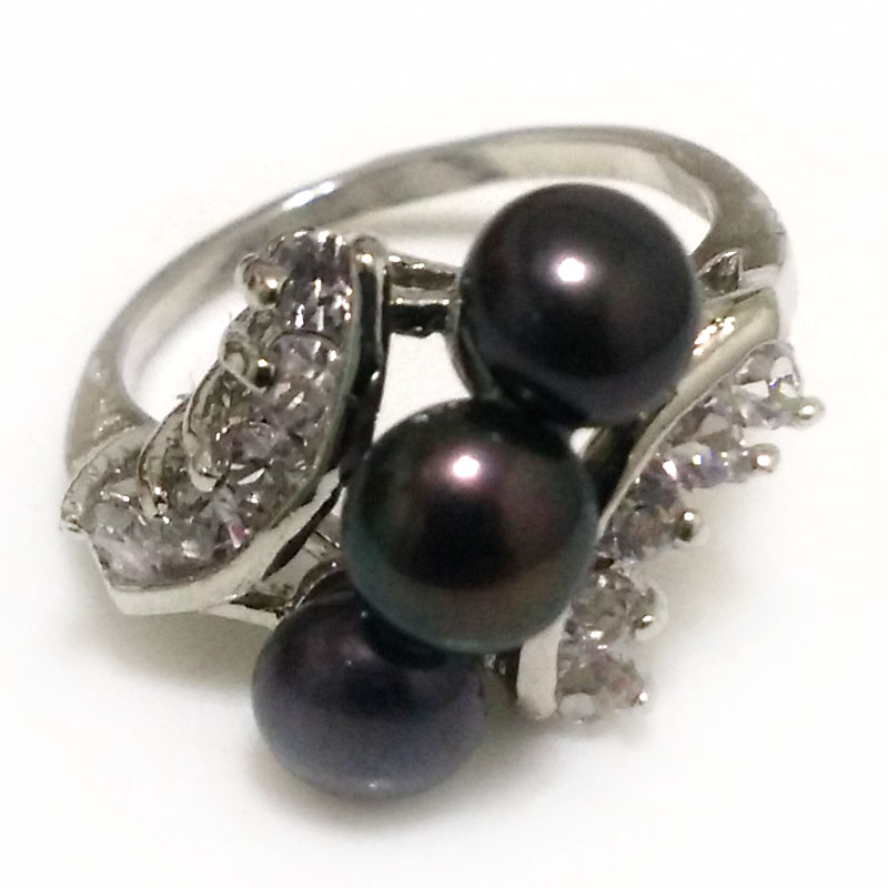 7# 6-7mm Black Natural Button Pearl Women Ring with Zirconia