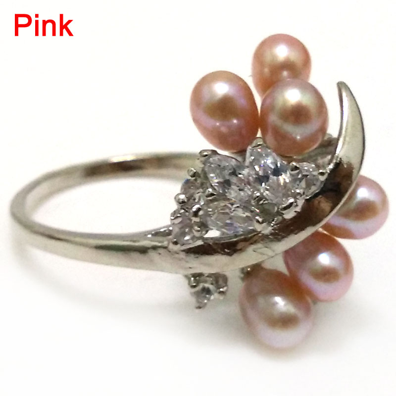 5-6mm Natural Pink Rice Pearl Cluster Women Ring with Zirconia