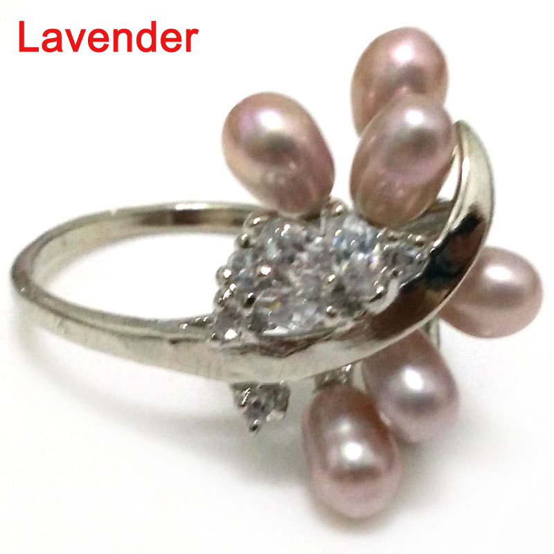 5-6mm Natural Lavender Rice Pearl Cluster Women Ring with Zirconia