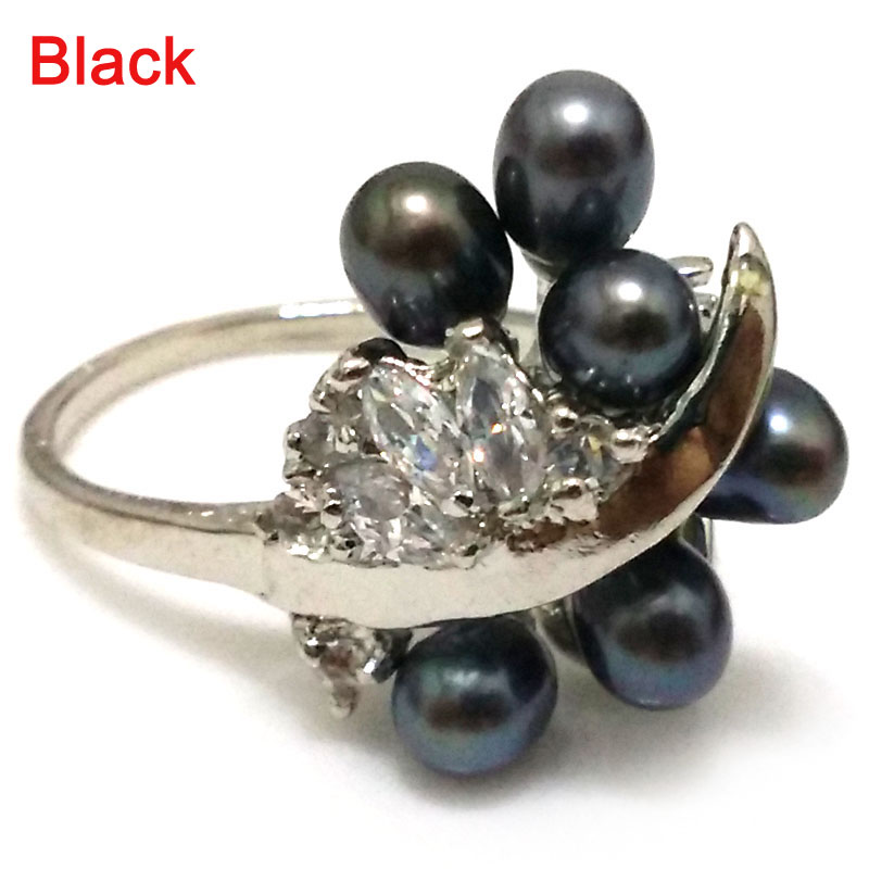 5-6mm Black Natural Rice Pearl Cluster Women Ring with Zirconia