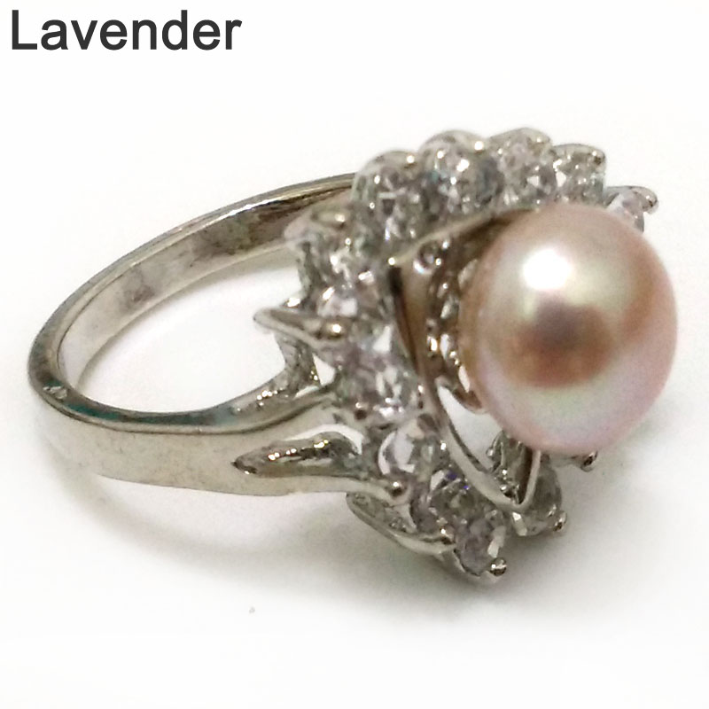 8# 9-10mm Natural Lavender Button Pearl Women Ring with Zirconia