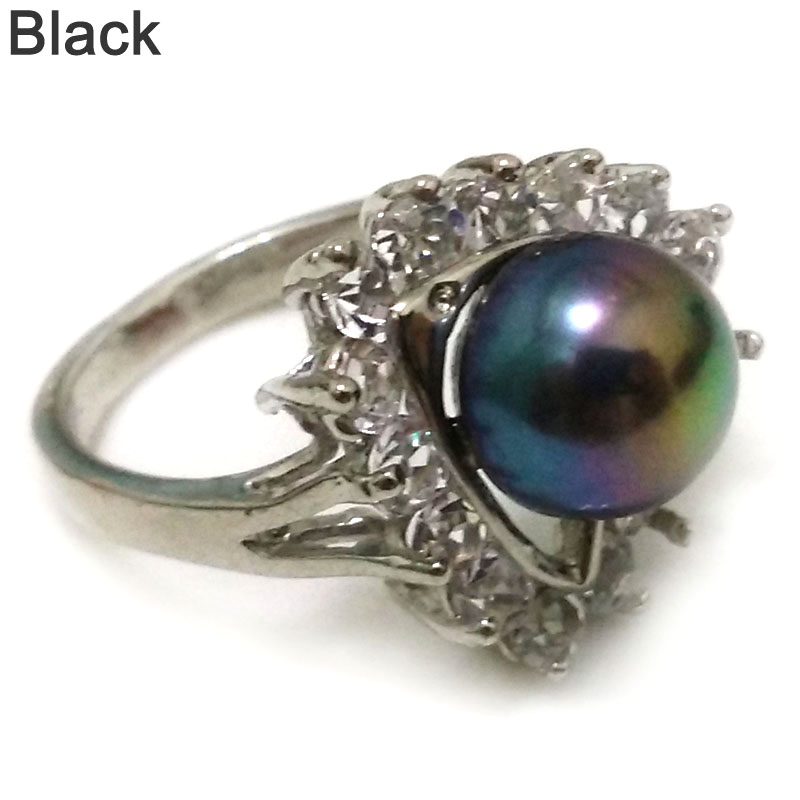 8# 9-10mm Black Natural Button Pearl Women Ring with Zirconia