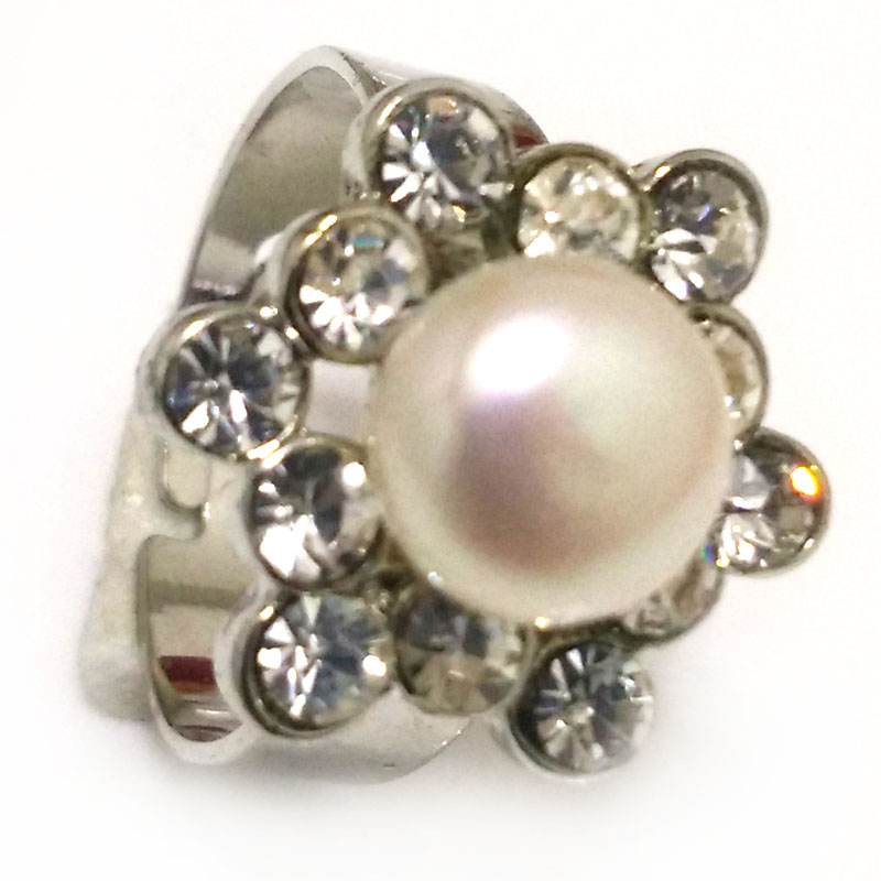 8# 9-10mm Natural White Button Pearl &Cubic Zirconia Flower Ring