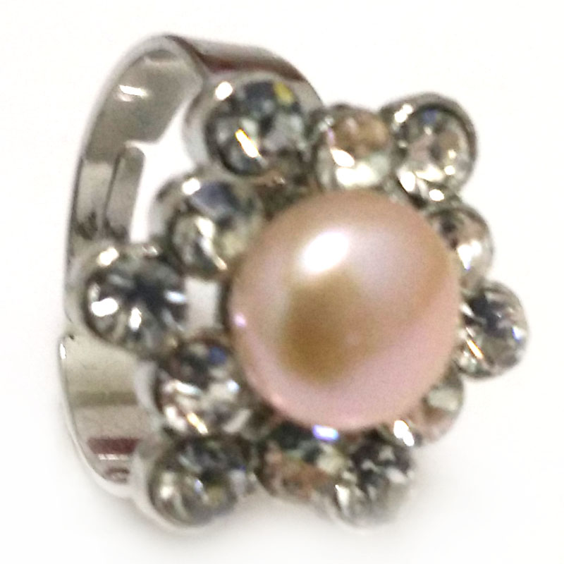 8# 9-10mm Natural Pink Button Pearl &Cubic Zirconia Flower Ring