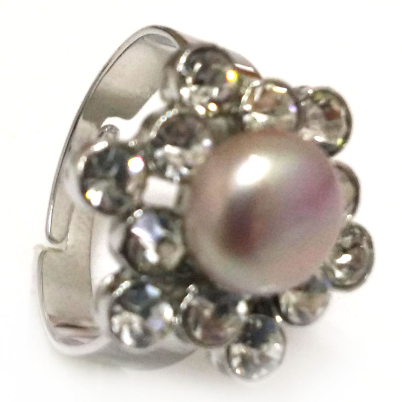 8# 9-10mm Natural Lavender Button Pearl & Cubic Zirconia Ring