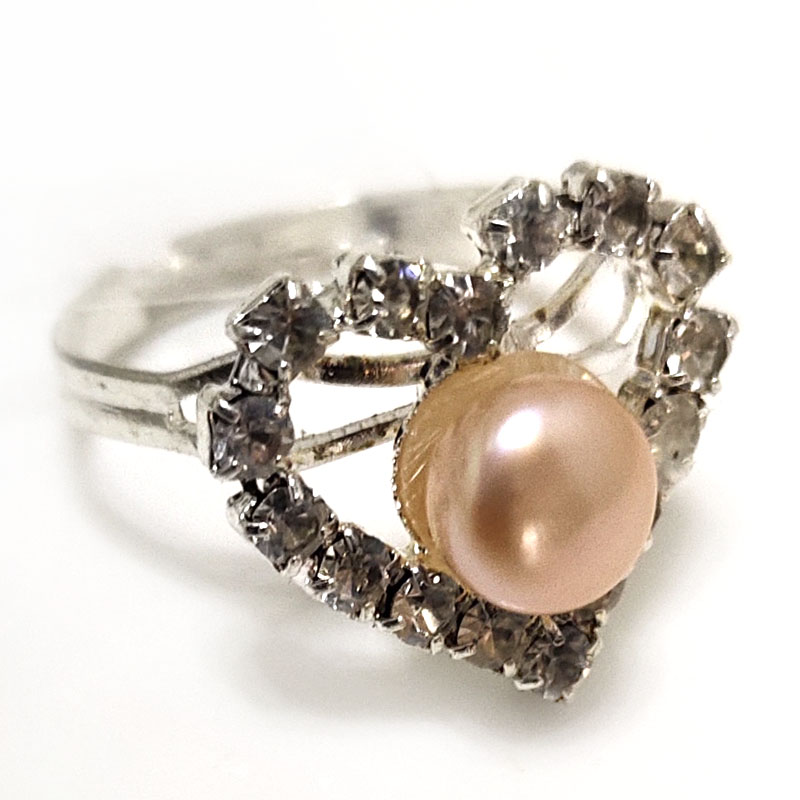 7# 7-8mm Natural Pink Button Pearl & Cubic Zirconia Heart Ring