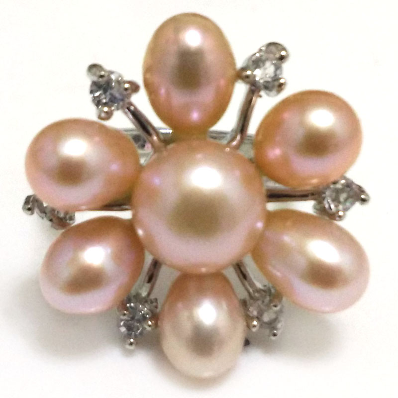 8# Natural Pink 8-9mm Button Pearl & 6-7mm Rice Pearl Flower Ring