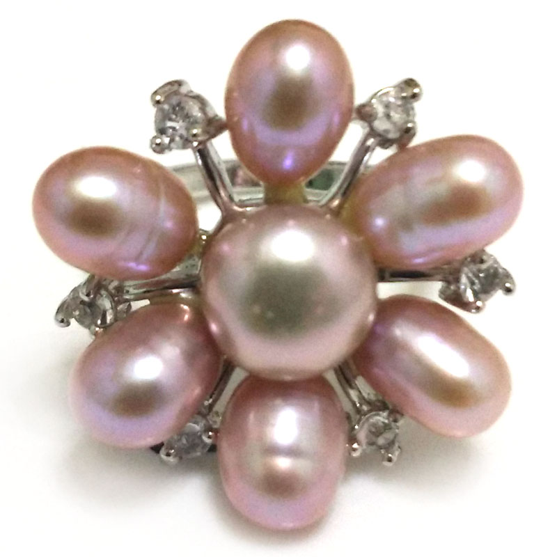 8# Natural Lavender 8-9mm Button Pearl & 6-7mm Rice Pearl Flower Ring
