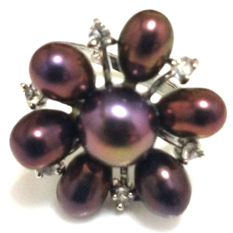 8# Black Natural 8-9mm Button Pearl & 6-7mm Rice Pearl Flower Ring