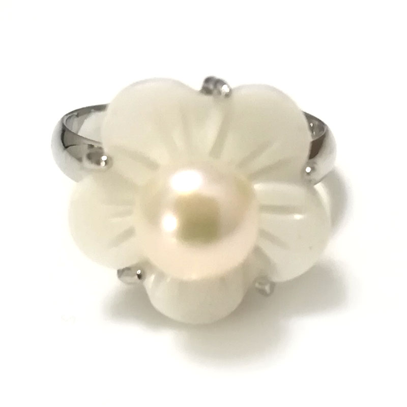 7# 7-8mm White Natural Women Button Pearl Adjustable Shell Flower Ring