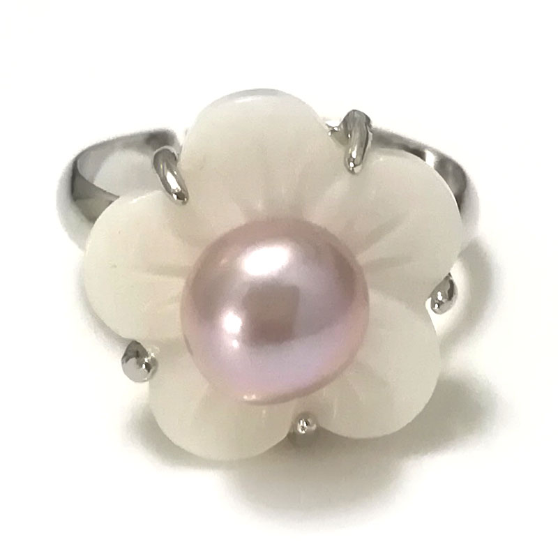 7# 7-8mm Lavender Natural Women Button Pearl Adjustable Shell Flower Ring