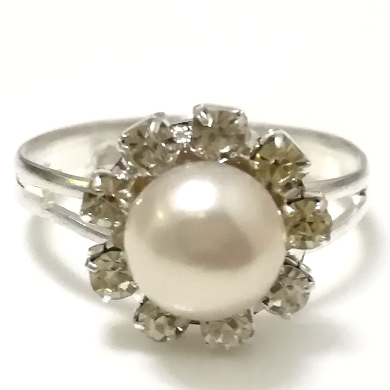 7# 7-8mm White Natural Women Button Pearl Adjustable Zircone Ring