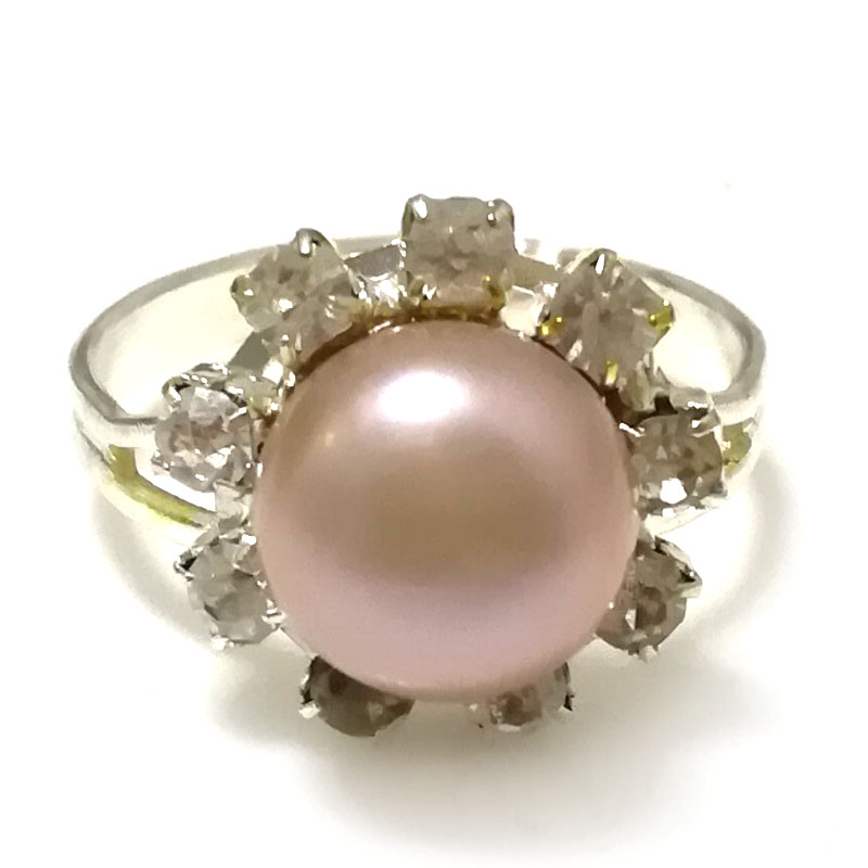 7# 7-8mm Lavender Natural Women Button Pearl Adjustable Zircone Ring