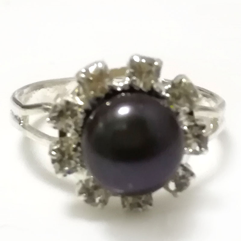 7# 7-8mm Black Natural Women Button Pearl Adjustable Zircone Ring