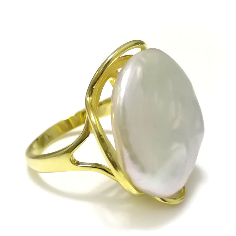 8# Yellow Gold Filled 20-22mm White Natural Women Flat Adjustable Ring