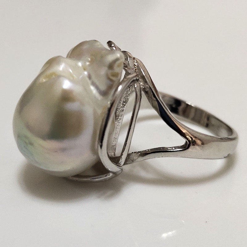 8# 925 Sterling Silver 15-20mm White Natural Pearl Women Adjustable Ring