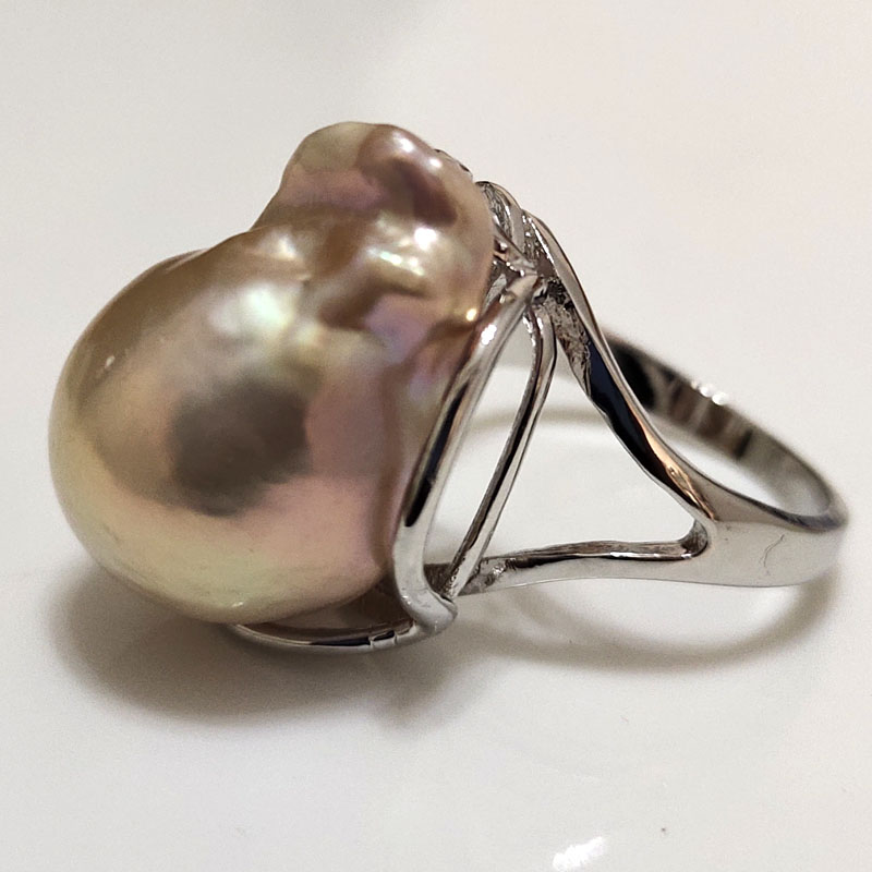 8# 925 Sterling Silver 15-20mm Lavender Pearl Women Adjustable Ring