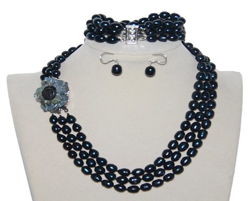 17-19 inches Black Natural Rice Freshwater Pearl Necklace Set