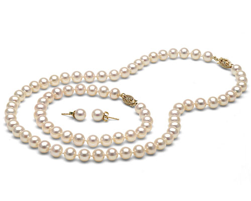 17 inches 14K Gold White Japanese Akoya Pearl Jewelry Set