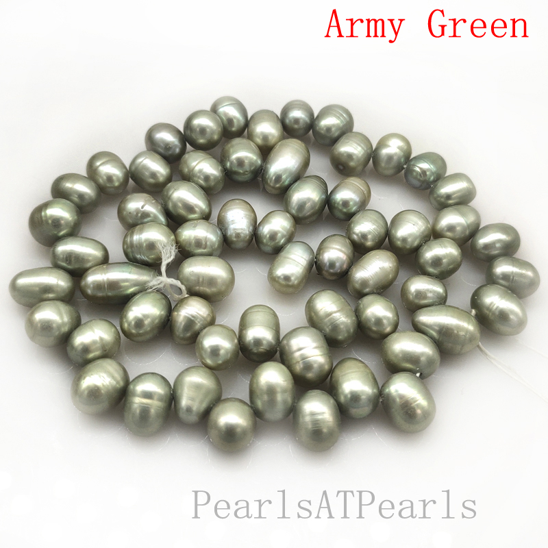 16 inches 7-8mm Army Green Side Drilled Natural Dancing Pearls Loose Strand