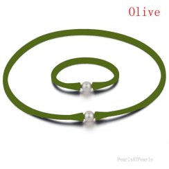 11-12mm Natural Pearl Olive Green Rubber Silicone Necklace Set