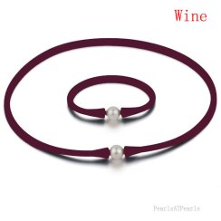 11-12mm Natural Round Pearl Wine Rubber Silicone Necklace Set