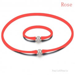 11-12mm Natural Round Pearl Rose Rubber Silicone Necklace Set
