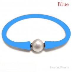 Wholesale 10-11mm One Natural Round Pearl Blue Rubber Silicone Bracelet