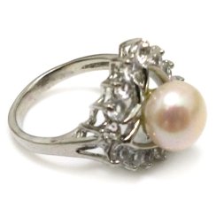 8# 9-10mm Natural White Button Pearl Women Ring with Zirconia