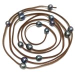 62 inches 9-10mm Black Rice Pearl Coffee Leather Necklace