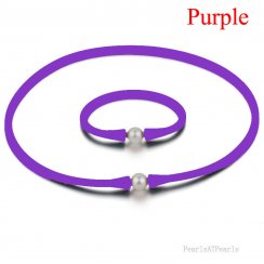 11-12mm Natural Round Pearl Purple Rubber Silicone Necklace Set