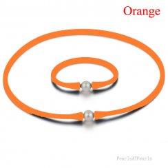 11-12mm Natural Round Pearl Orange Rubber Silicone Necklace Set