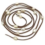 62 inches 9-10mm White Rice Pearl Coffee Leather Necklace