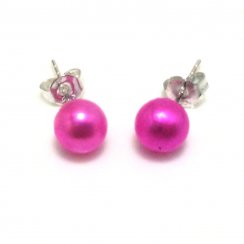 Hot Pink Round Natural Pearl Earring with 925 Silver Stud,Sold by Pair