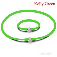 11-12mm Natural Pearl Kelly Green Rubber Silicone Necklace Set