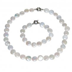 12mm White Coin Pearls Necklace & Bracelet Jewelry Set