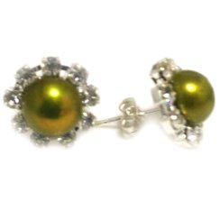 8-9mm Green Natural Button Pearl Zirconia Stud Earring