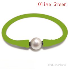 Wholesale 10-11mm One Natural Round Pearl Olive Green Rubber Silicone Bracelet
