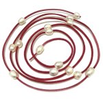 62 inches 9-10mm Natural White Rice Pearl Red Leather Necklace