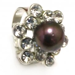 8# 9-10mm Black Natural Button Pearl &Cubic Zirconia Flower Ring