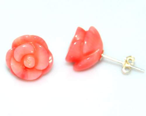 Pink Carved Flower Natural Coral 925 Silver Stud Earring