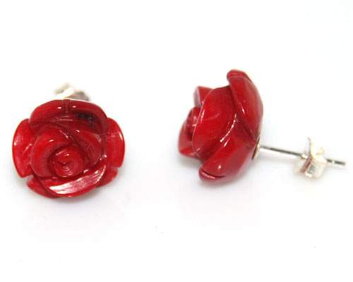 10-11mm Red Carved Flower Coral 925 Sterling Silver Stud