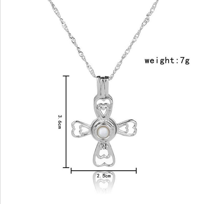 Wholesale Rhodium Plated Cross Style Wish Pearl Cage Pendent Necklace