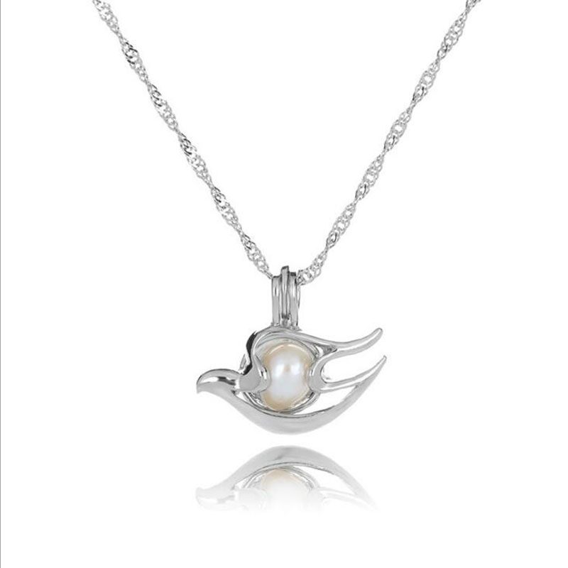Wholesale Rhodium Plated Sea Gull Style Wish Pearl Cage Pendent Necklace