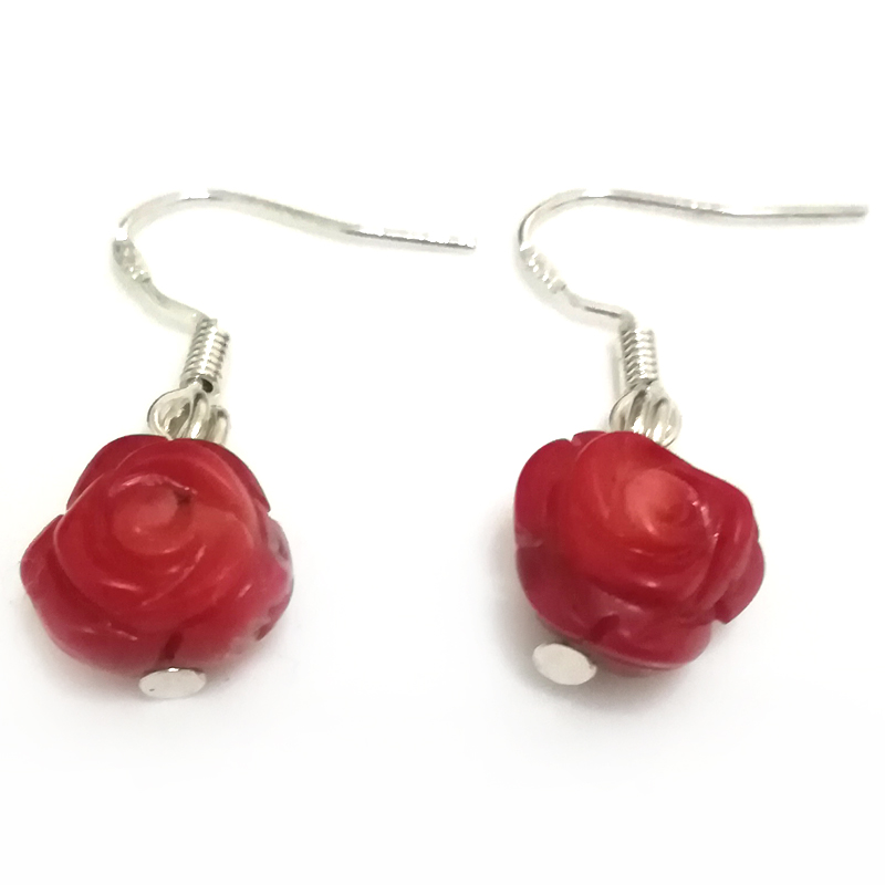 Red Carved Flower Coral 925 Sterling Silver Hook Earring